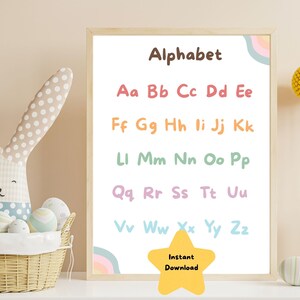Póster del alfabeto arco iris, póster Montessori, imprimible en la habitación de los niños, póster de la escuela en el hogar, decoración del aula del arco iris, regreso a la escuela, impresión del alfabeto