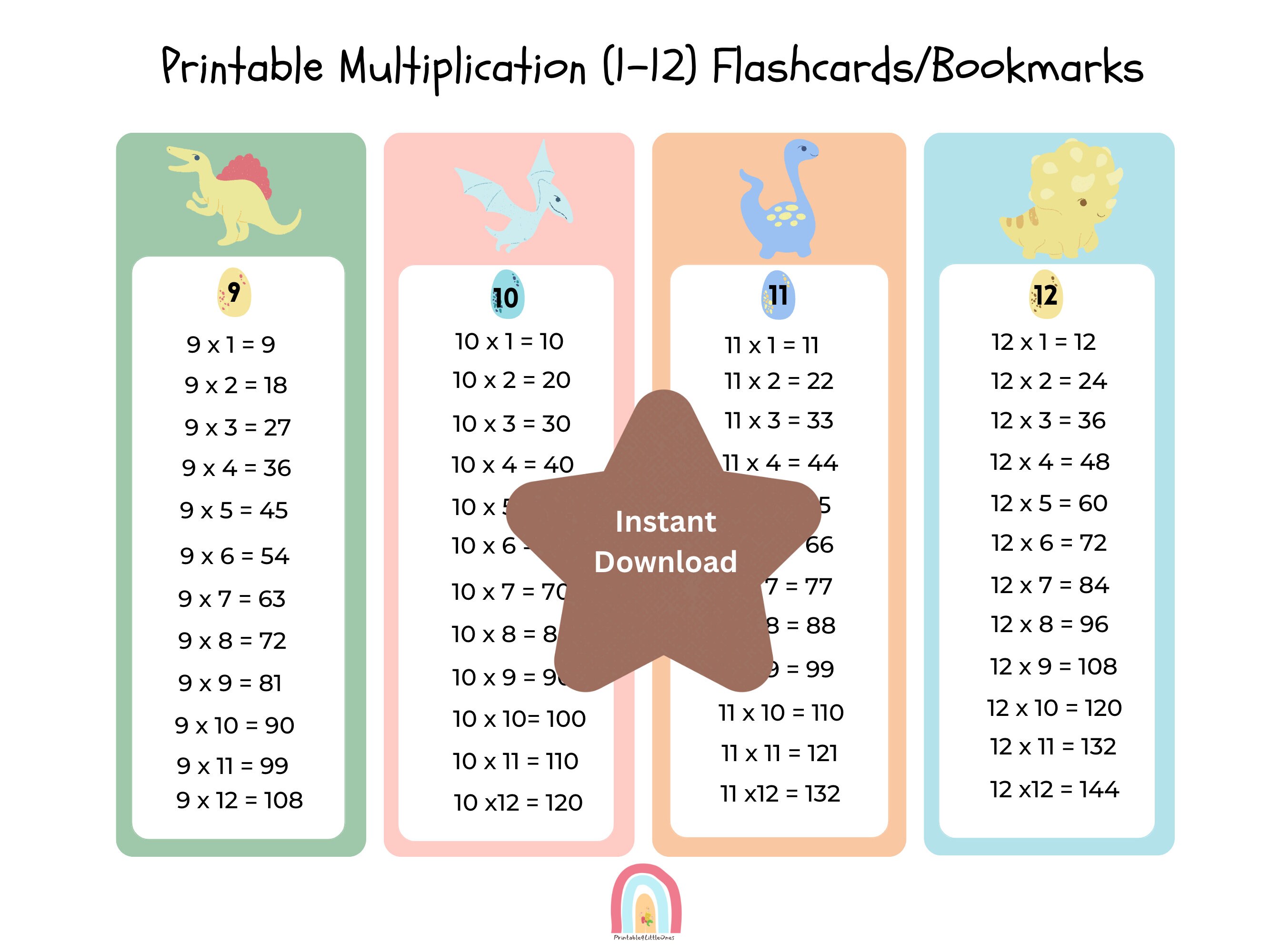Printable Dinosaurs Multiplication Flashcards (1-12), Multiplication ...