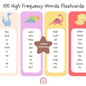 100 High Frequency Words, Sight Words Flashcards, Year 1 Common Exception Words ,Kids Bookmarks,Kids Flashcards ,Dinosaurs Phonics Flashcard