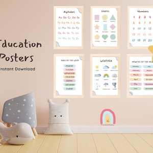 Set of 6 Educational Posters , Homeschool Prints, Montessori Classroom Decor,Pastel Kids Room Posters , Toddler Playroom Decor
