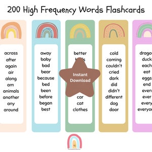 200 High Frequency Words, Sight Words Flashcards, Year 2 Common Exception Words ,Kids Bookmarks,Kids Flashcards ,Rainbow Phonics Flashcard