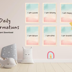 Conjunto de 6 carteles de afirmación diaria para niños, conjunto de impresión de afirmaciones positivas, decoración de la habitación de los niños, arte de pared de la guardería, decoración de la sala de juegos, afirmación