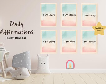 Set of 6 Daily Affirmation Posters for Kids ,Positive Affirmations Print Set, Kids Room Decor, Nursery Wall Art, PlayroomDecor , Affirmation