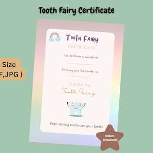 Pode incluir: Um certificado de fada do dente imprimível com um arco-íris, nuvens e um dente de desenho animado. O certificado diz "Certificado da Fada do Dente" e "Este certificado é concedido a... por perder seu primeiro dente em... Assinado por. Fada do Dente". O texto na parte inferior diz "Continue sorrindo e escove os dentes!"