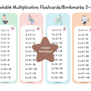 Flashcard moltiplicazione unicorno stampabile (1-12), segnalibri moltiplicazione, flashcard tabellina, segnalibri orario, flashcard matematica