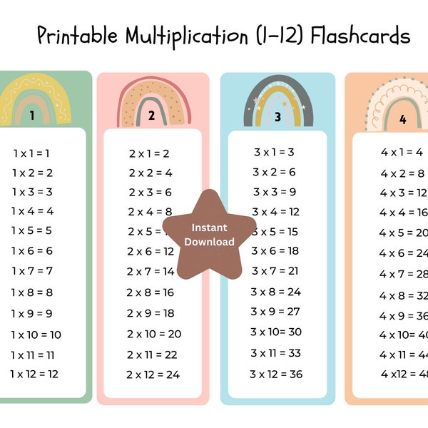 Cartes mémoire de multiplication arc-en-ciel imprimables (1-12), signets de multiplication, cartes mémoire de table de multiplication, signets d'horaire, cartes mémoire mathématiques