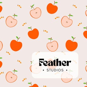 May include: A repeating pattern of orange apples and apple halves with green stalks and leaves, along with small yellow and orange caterpillars, on a light beige background. The text "Feather Studios" is displayed in a white rectangle.