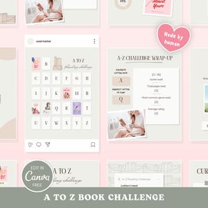 May include: A digital graphic design for an A-Z book challenge, featuring a grid with letters and book covers. The design includes the text "A to Z Reading Challenge" and "Edit in Canva FREE". The color palette is soft, with beige and pink tones.
