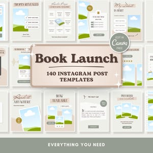 May include: A set of 140 Instagram post templates for a book launch, in a neutral colour scheme. The templates offer diverse layouts for promoting a book, with space for images, text, and calls to action. The text includes "Book Launch" and "Everything You Need".