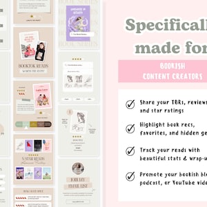 May include: Digital templates for book-related content creation, featuring layouts for reviews, recommendations, and stats. The image includes the text "Specifically made for BOOKISH CONTENT CREATORS".