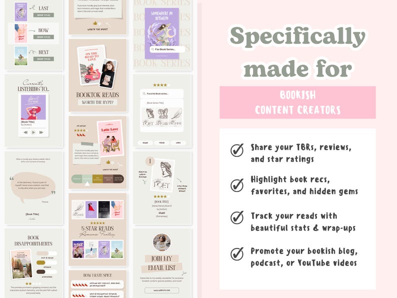 May include: Digital templates for book-related content creation, featuring layouts for reviews, recommendations, and stats. The image includes the text "Specifically made for BOOKISH CONTENT CREATORS".