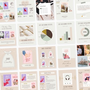 May include: A selection of digital graphics related to books and reading. The images include book covers with titles such as "Fake Dating" and "On the Road to Love", along with charts and graphs displaying reading statistics and challenges.