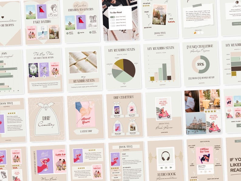 May include: A selection of digital graphics related to books and reading. The images include book covers with titles such as "Fake Dating" and "On the Road to Love", along with charts and graphs displaying reading statistics and challenges.