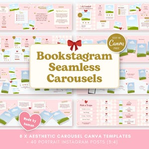 May include: A collection of eight digital social media carousel templates featuring a light pink background with white gingham patterns, book-themed graphics, and text including Bookstagram Seamless Carousels and Edit in Canva Free.
