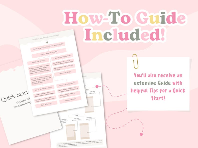 May include: A pink and white graphic design with the text "How-To Guide Included!" and "Quick-Start". The image includes several pages with instructions and a note that says "You'll also receive an extensive Guide with helpful Tips for a Quick Start!"