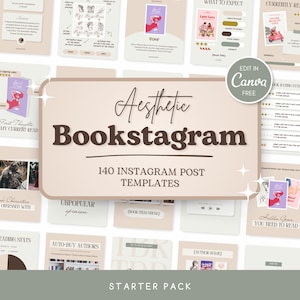 May include: Aesthetic Bookstagram templates in a neutral color palette. The image features various Instagram post templates with text such as "First Thoughts", "Currently Reading", and "Auto-Buy Authors". The text "Edit in Canva FREE" is also visible.