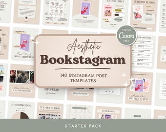 以下が含まれることがあります： ニュートラルカラーパレットのAesthetic Bookstagramテンプレート。画像には、「First Thoughts」、「Currently Reading」、「Auto-Buy Authors」などのテキストを含むさまざまなInstagram投稿テンプレートが表示されています。「Edit in Canva FREE」というテキストも表示されています。