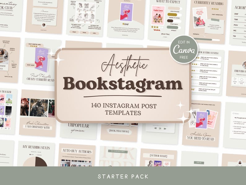 May include: Aesthetic Bookstagram templates in a neutral colour palette. The image features various Instagram post templates with text such as "First Thoughts", "Currently Reading", and "Auto-Buy Authors". The text "Edit in Canva FREE" is also visible.