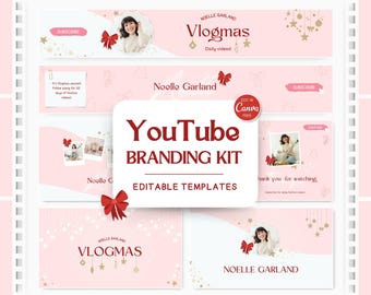 May include: A pink YouTube branding kit with editable templates. The design includes the text "YouTube BRANDING KIT" and "EDITABLE TEMPLATES". The kit features images, bows, and the name "Noelle Garland". The word "Vlogmas" is also visible.