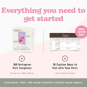 May include: A pink graphic with the text "Everything you need to get started." It shows book templates and a website mockup. The text includes "140 Instagram Post Templates" and "50 Caption Ideas to Pair with Your Posts."
