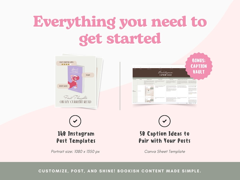 May include: A pink graphic with the text "Everything you need to get started." It shows book templates and a website mockup. The text includes "140 Instagram Post Templates" and "50 Caption Ideas to Pair with Your Posts."