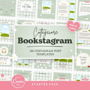 May include: A set of 140 Instagram post templates with a cottagecore aesthetic. The templates feature a palette of green and white, with floral and gingham designs. The text "Cottagecore Bookstagram" is displayed, along with "Starter Pack".
