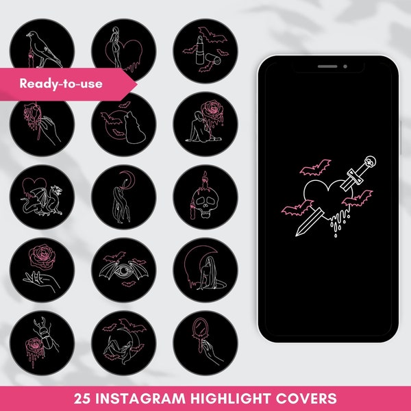 Minimalist Goth Halloween Highlight Covers, Instagram Story Cover Icons, Black and Pink Elegant Dragon, Skull, Unicorn, Snake Line Art