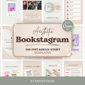 May include: Aesthetic Bookstagram Instagram story templates in a neutral color palette. The image features various templates with text like "Book Characters I Am Obsessed With" and "What Started My Lore". Includes the text "Edit in Canva FREE".