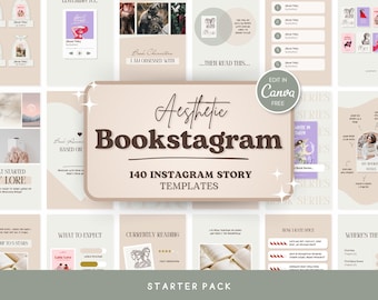 May include: Aesthetic Bookstagram Instagram story templates in a neutral colour palette. The image features various templates with text like "Book Characters I Am Obsessed With" and "What Started My Lore". Includes the text "Edit in Canva FREE".