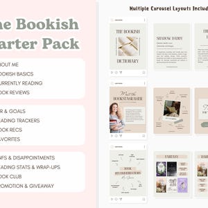 May include: Digital Instagram carousel templates for book-related content. The templates include layouts for book reviews, reading trackers, and book recommendations. The design features a soft colour palette with text such as "The Bookish Starter Pack".