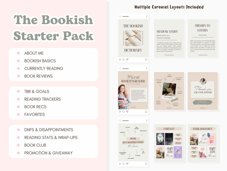 May include: Digital Instagram carousel templates for book-related content. The templates include layouts for book reviews, reading trackers, and book recommendations. The design features a soft colour palette with text such as "The Bookish Starter Pack".