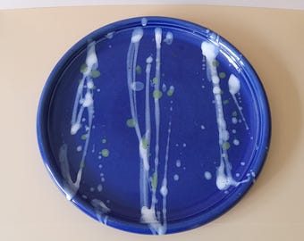 Studio pottery plate - blue stoneware abstract decor