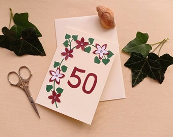 Karte runder Geburtstag Individualisierbar Handgeschnitten mit Blumenranke Jubiläumskarte Geburtstagskarte Geschenkkarte Grußkarte