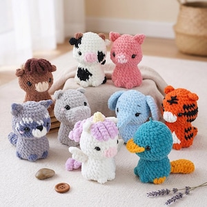 May include: A collection of handmade crochet animal figurines, including a cow, pig, horse, raccoon, hippo, unicorn, elephant, tiger, and platypus. Each plush toy is crafted with soft yarn in various colors, creating a whimsical and charming display.