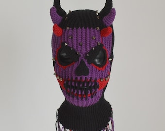 Custom Skull Crochet Balaclava Mask Devil Horns and Spiked Horror Ski Masks Fringe