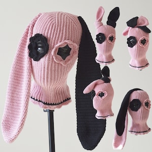 Custom handmade crochet bunny balaclava Knit ski mask long ears two hole floral eye Full face hood rabbit Artistic headwear aesthetic gothic