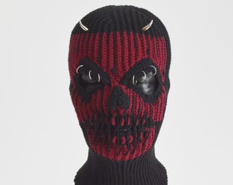 Custom Crochet Skull Balaclava Full Face Mask Devil Horns and Spiked