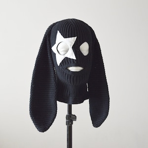 Custom crochet Bunny balaclava ski mask with star women men Knit cute black rabbit ears beanie hat outfit street style aesthetic gothic girl