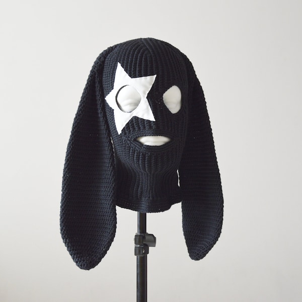 Masque de ski cagoule lapin au crochet personnalisé avec étoiles femmes hommes tricot mignon oreilles de lapin noir bonnet tenue street style esthétique fille gothique