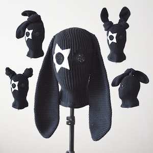 Crochet Black Bunny balaclava ski mask with white star women men Knitted cute rabbit ears beanie hat 2 holes Original design handmade