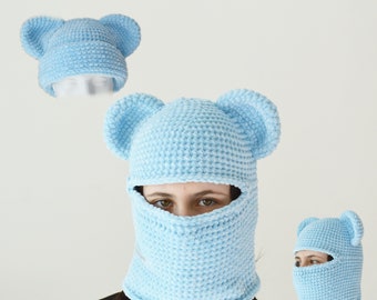 Knit light blue bear balaclava ski mask outfit street style men women Crochet velvet beanie hat with ears