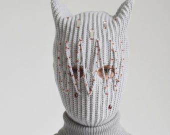 Custom Crochet Cat Ear Balaclava with Red Beads Rhinestones Ski Mask Anime Cosplay