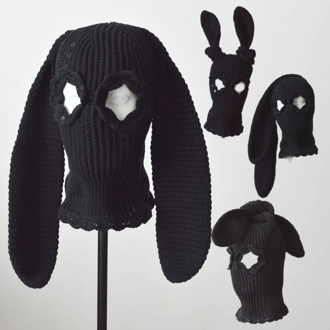 Custom Crochet Bunny Balaclava Ski Mask Women Men Knitted Cute Black Beanie Hat With Ears