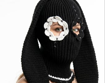 Custom Black Crochet Bunny Hat Balaclava Knit Hood With Long Ears and Floral Eye