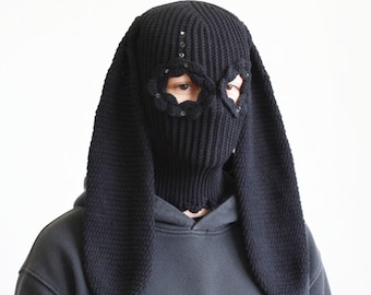 Balaclava personalizada de crochê com coelho preto, feita em algodão tricotado, com orelhas, estilo streetwear.