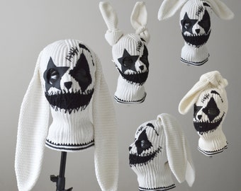 Masque de ski oreilles de lapin personnalisé 3 trous avec étoile cagoule de clown joker effrayant au crochet bonnet de lapin tricoté hommes femme tenues de masque d'Halloween