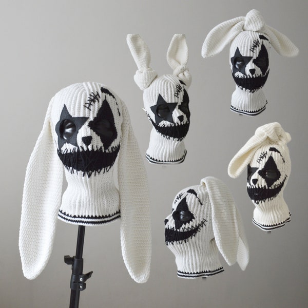 Máscara de esquí con orejas de conejito personalizada 3 agujeros con estrella Pasamontañas de payaso comodín espeluznante de ganchillo Sombrero de conejo de punto hombres mujer trajes de máscara facial de Halloween