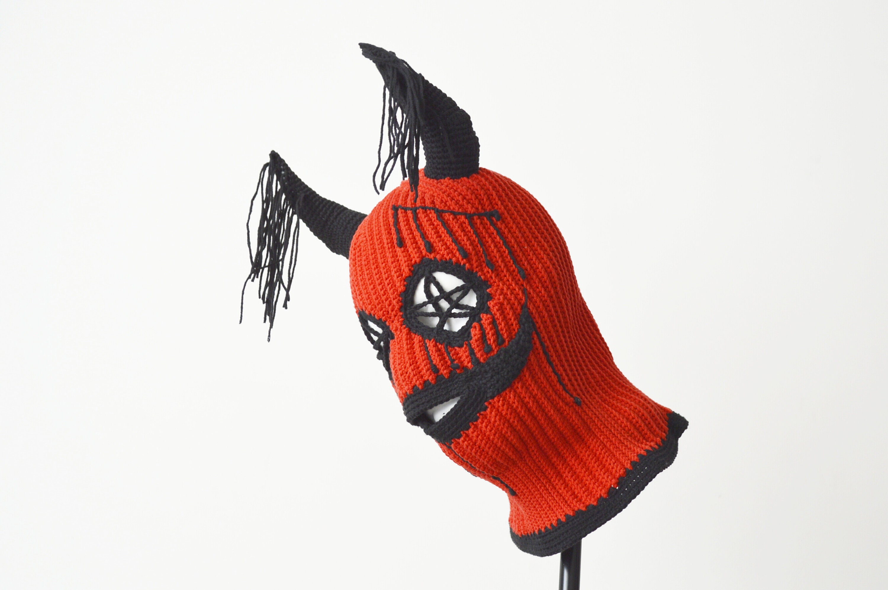 Custom Red Devil Horns Beanie Ski Mask 3 Hole Knit Creepy Distressed