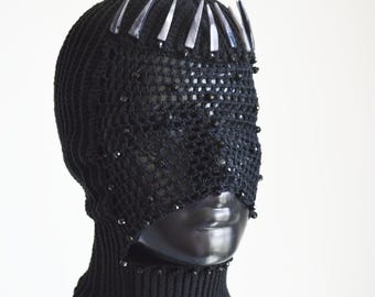 Custom Crochet Balaclava No Eyes Full Face Mask with Shell Crown, Beaded Mesh Mouth Opening