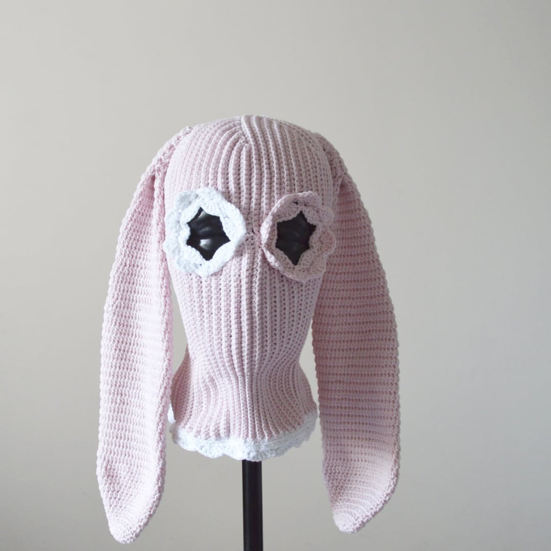 Custom Pink Crochet Bunny Balaclava Flower Eye: Knit Cotton Ski
